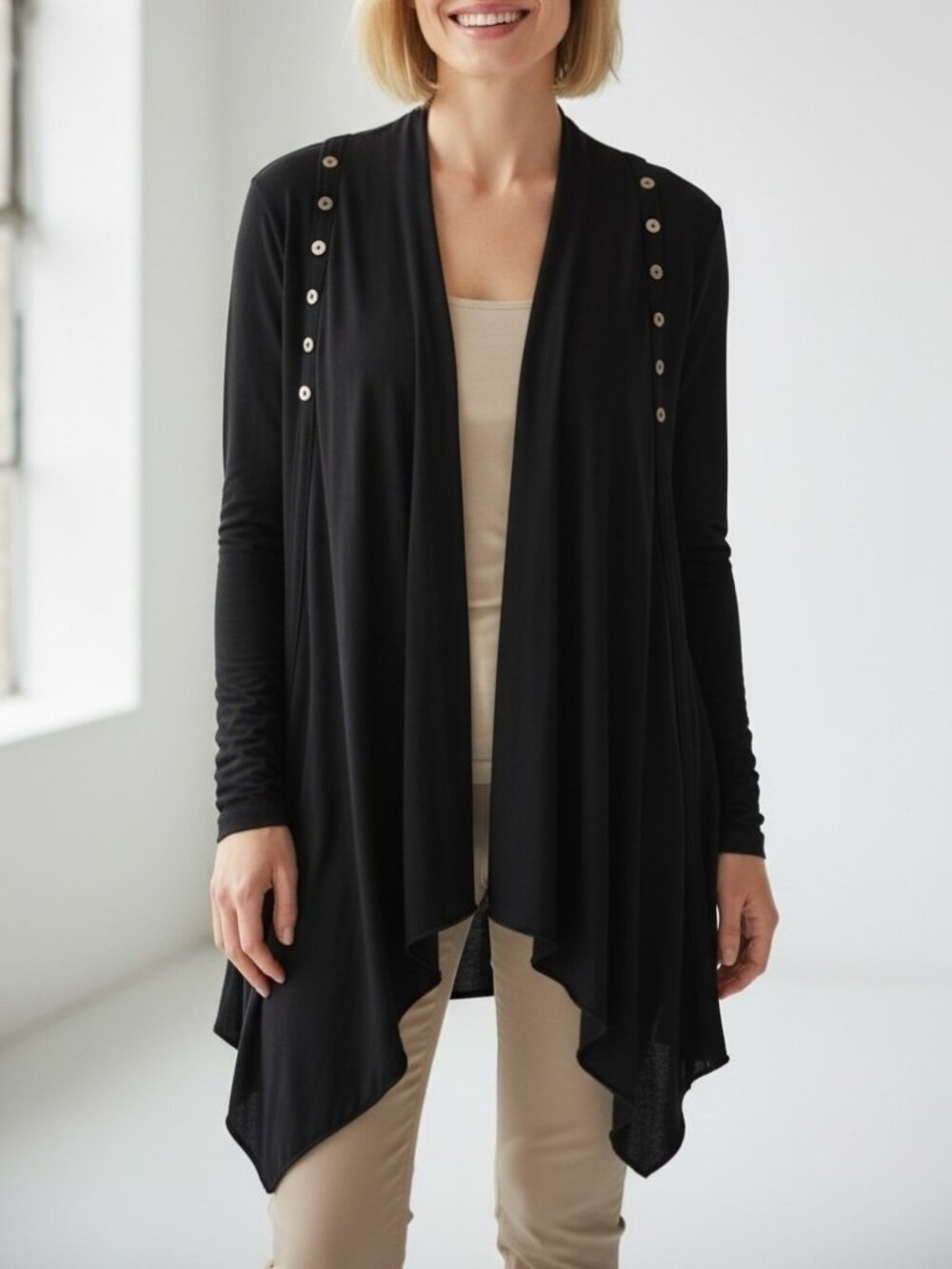 COMFY USA Black Modal Blend Draped Open Front Cardigan Duster Snap Detail Size L
